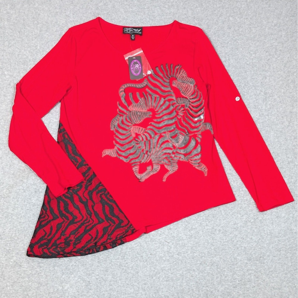 Sharif Couture Zebra Pullover Top Womens Medium Roll Tab Sleeve Lace Sequin New
